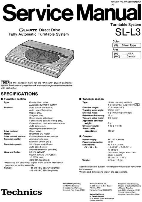 Technics SL-L3 Turntable , Service Manual - Tradebit