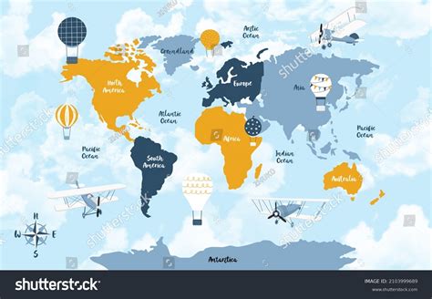 World Map Kids Cute Cartoon Planes Stock Illustration 2103999689 ...