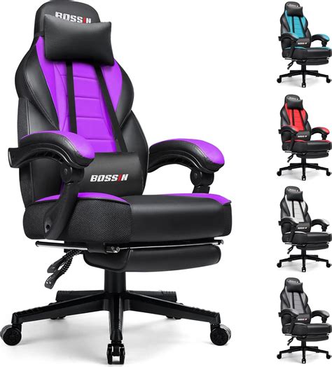 Amazon.com: BOSSIN Purple Gaming Chair, Leather Computer Desk Chair with Footrest and Headrest ...