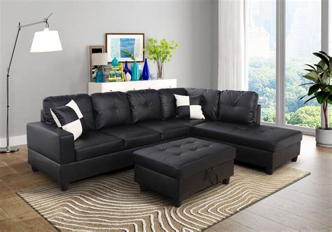 For-U Furnishing Classic Black Faux Leather Sectional Sofa, Right ...