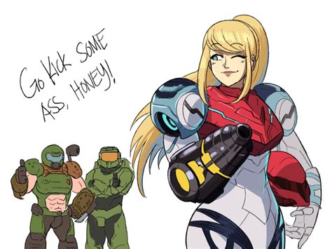 Doomguy and Chief wishing luck to the original space warrior Samus Aran | Crossover | Know Your Meme