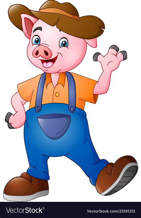 Cartoon little farmer pig waving hand Royalty Free Vector