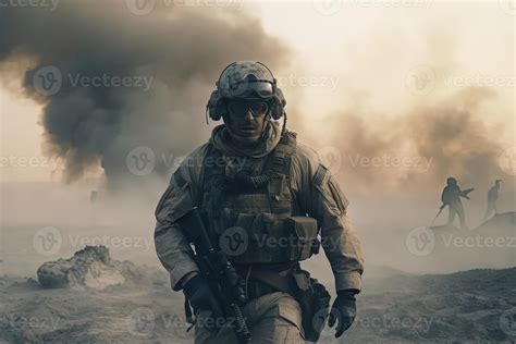 Lone soldier walking on the battlefield. Illustration of a military man ...