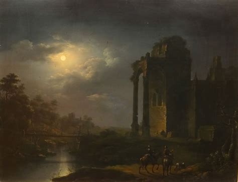 Large 19th Century Moonlit Ruins River Landscape Antique Oil Painting ...