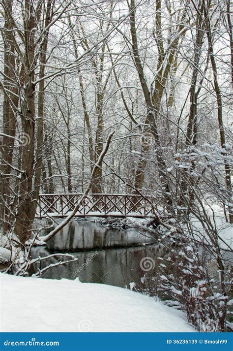 Snow Covered Bridge Over Creek Stock Image - Image of refelction ...