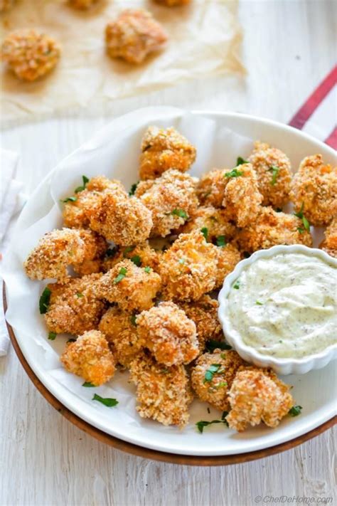 Baked Popcorn Chicken with Creamy Garlic Parmesan Dip Recipe | ChefDeHome.com