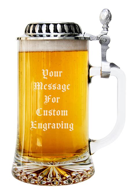 Custom Engraved Glass Beer Stein with Plateau Pewter Lid