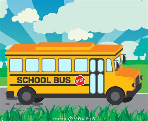 School Bus Illustration On Road Vector Download