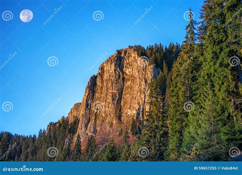 Morning Sunrise and the Moon Over Mountain Hill Stock Image - Image of hill, beautiful: 59657255