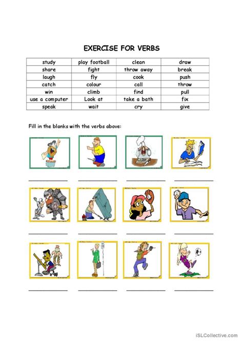 Exercise for verbs: English ESL worksheets pdf & doc