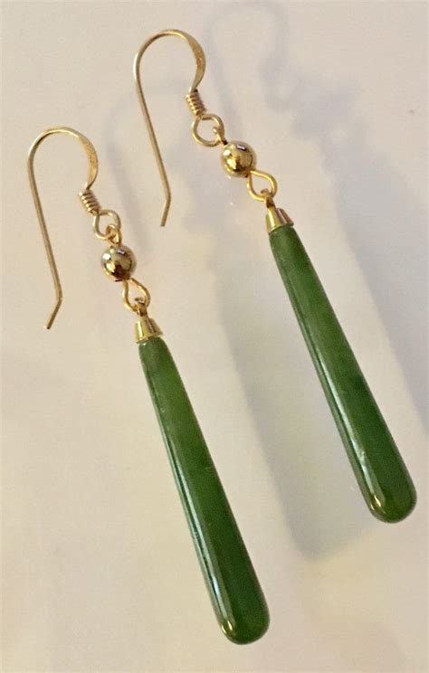 Genuine Jade Earrings, Long Jade Earrings, Elegant Jade and Gold Smooth Drop Earrings, Jade and ...