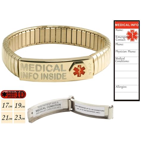 Gold Medic Alert Stretch Bracelet with up to 300 Letters printed onto Waterproof Labels