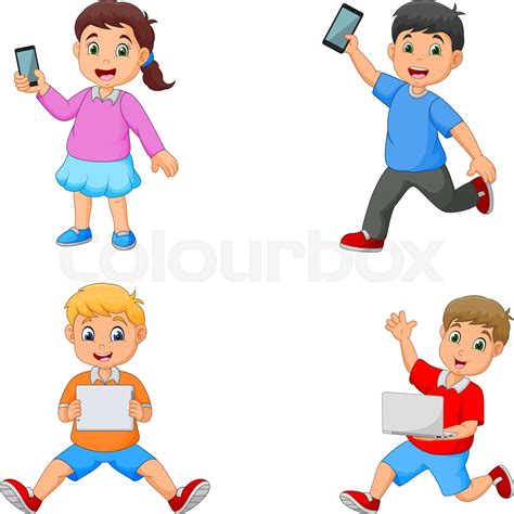 Cartoon kids holding tablet phone and laptop | Stock vector | Colourbox