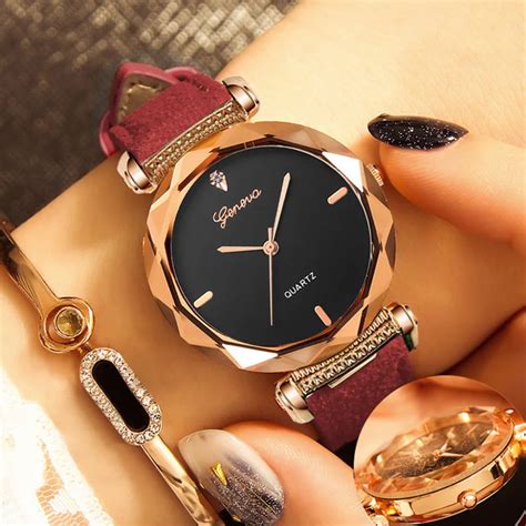 Fashion Women 's Leather Band Geneva Analog Quartz Diamond Wrist Watch ...