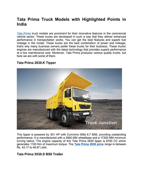 Tata Prima Truck Models with Highlighted Points in India by rehagup - Issuu