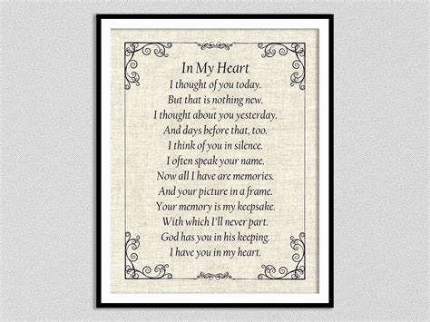 In My Heart Bereavement Poem Art Print, From The Heart Inspirational Poem Giclee Print, Mourning ...