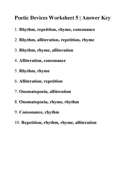 Identifying Poetic Devices Worksheet 1 Answers