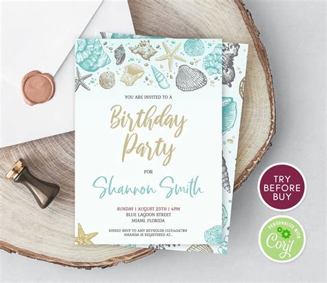 Beach Birthday Invitation Template, Editable Birthday Invite, Any Age Birthday Invitation ...