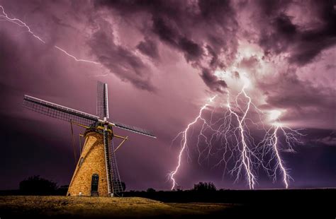windmills lightning storm clouds night electricity nature landscape HD Wallpaper