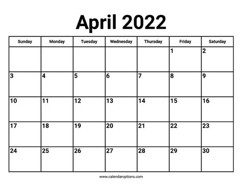 April 2022 Calendar – Calendar Options