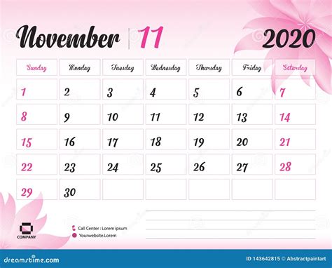 November 2020 Calendar - Monthly Calendar Template - 2020 Monthly Calendar Cartoon Vector ...