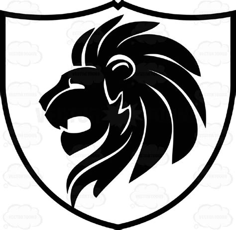 Black And White Close Up Of Lions Head With Flowing Mane Coat Of Arms Inside Geometric Plaque ...