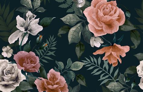 Dark Green & Pink Floral Wallpaper Mural | Hovia UK | Green floral wallpaper, Pink floral ...