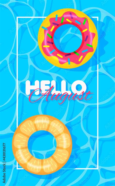 Swimming pool summer background with donut and orange print lifebuoys ...