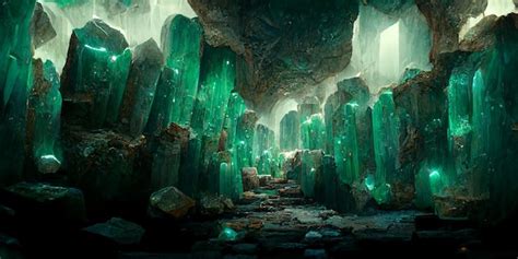 A cave with green crystals and a green stone. | Premium AI-generated image