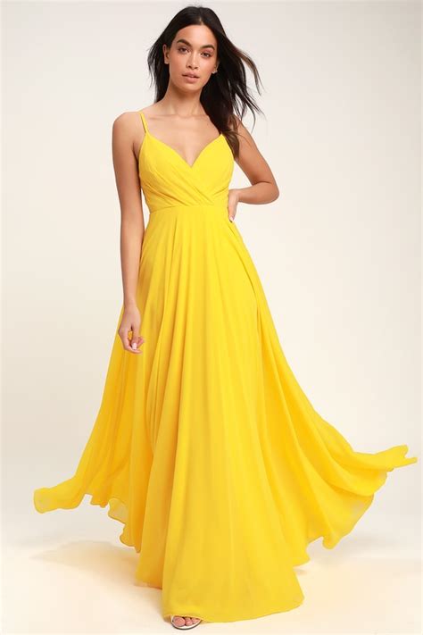 Lovely Yellow Maxi Dress - Yellow Surplice Bridesmaid Dress - Lulus