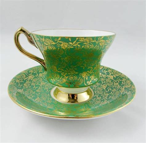 Windsor Green Tea Cup and Saucer with Flowers and Gold Chintz, Vintage Cup and Saucer, English ...