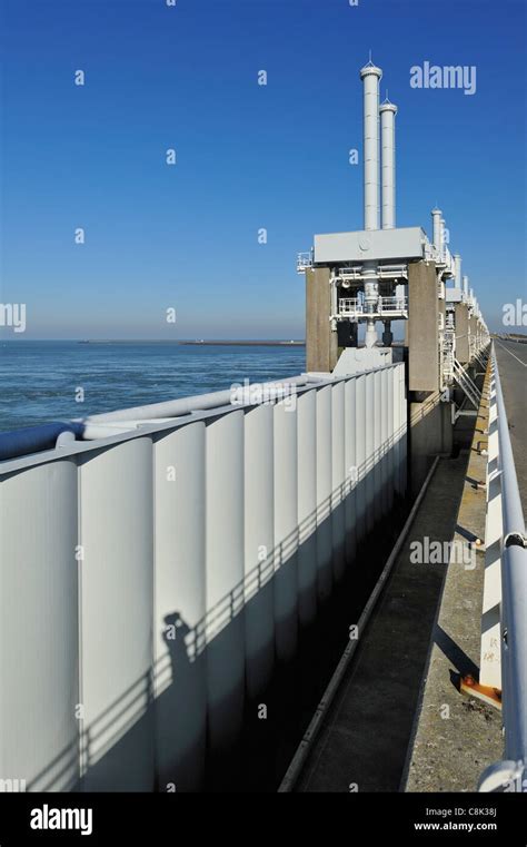 Storm flood barrier / Oosterscheldekering / Eastern Scheldt storm surge barrier, part of the ...