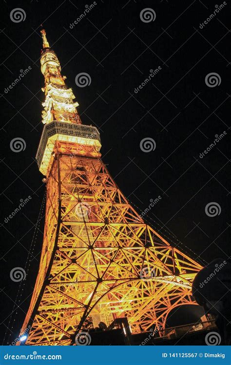 View Down of of Tokyo Tower with Illumination on Dark Sky Background. Editorial Photography ...