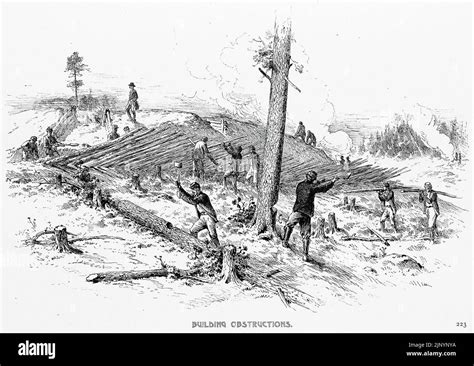 Building Obstructions. Union Army constructing abatis. 19th century American Civil War ...