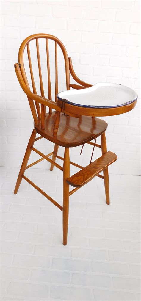 Antique Wood High Chair With Enamel Tray, Child's Oak Wood High Chair, Farmhouse, Enamelware ...