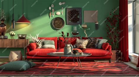 Premium Photo | Mockup frame in dark green home interior with red sofa table and decor Generative Ai