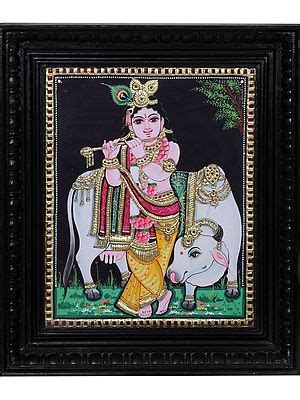 26" Lord Krishna With Rukmini And Satyabhama Painting | Traditional ...