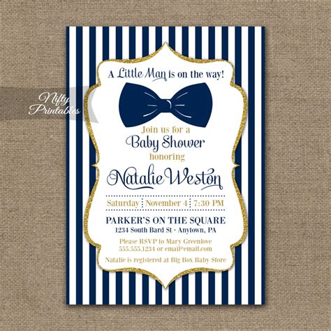 Bow Tie Baby Shower Invitations - Navy Blue Gold - Nifty Printables