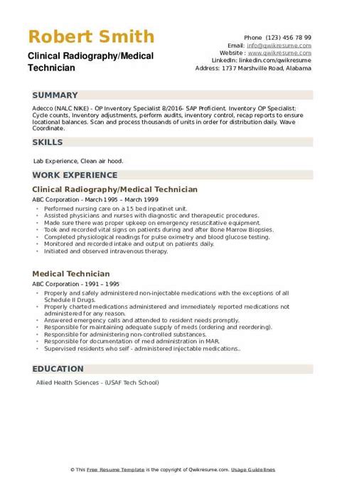 Medical Technician Resume Samples | QwikResume