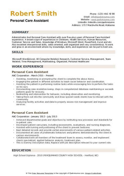 Personal Care Assistant Resume Samples | QwikResume