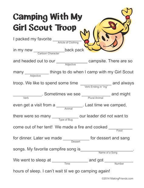 Girl Scout Camping Mad Lib | Girl scout activities, Girl scout troop ...