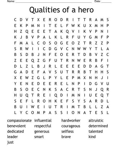 Qualities of a hero Word Search - WordMint