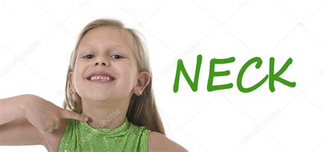 Cute little girl pointing her neck in body parts learning English words at school Stock Photo by ...