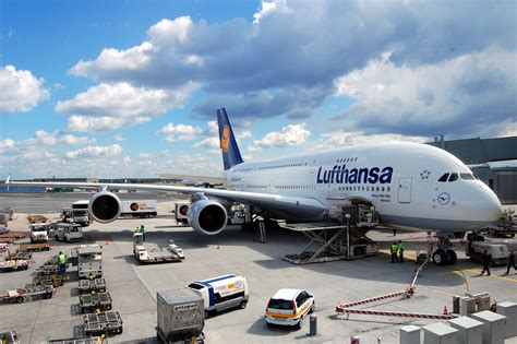 File:Airbus A380-800 of Lufthansa in Frankfurt Germany - Aircraft ground handling at FRA EDDF ...