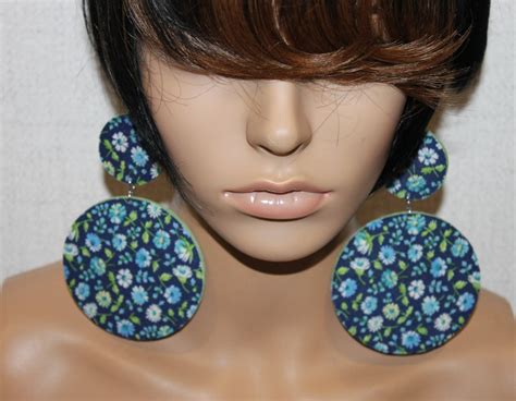 Blue Flower Print Fabric Earringswooden Earringsdiva Earringsbig ...