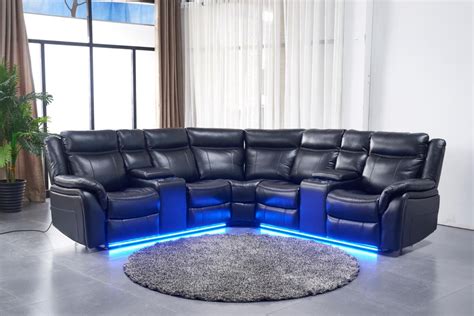 Contemporary Modern Power Motion Recliner Sectional Sofa Set W USB And LED Lights Black Air ...