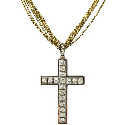 Beryl Lane - Antique Late Victorian Silver & 9ct Gold Diamond Cross Pendant on Antique Multi Row ...