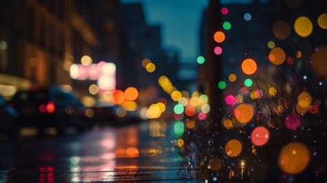 Premium AI Image | A rainy night with colorful lights and a sign that ...