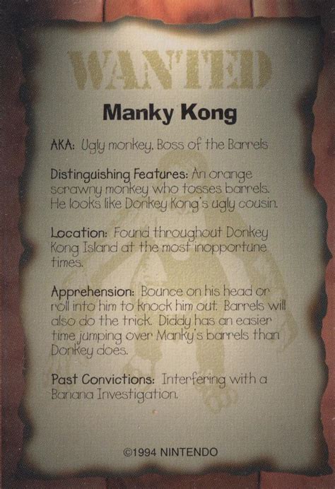 1994-97 Nintendo Power Magazine Inserts #NNO Donkey Kong Country - Manky Kong | Trading Card ...