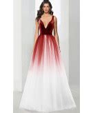 Chic plunging V-neckline velvet bodice a line two tone color block ombre tulle ball Dress Gown ...